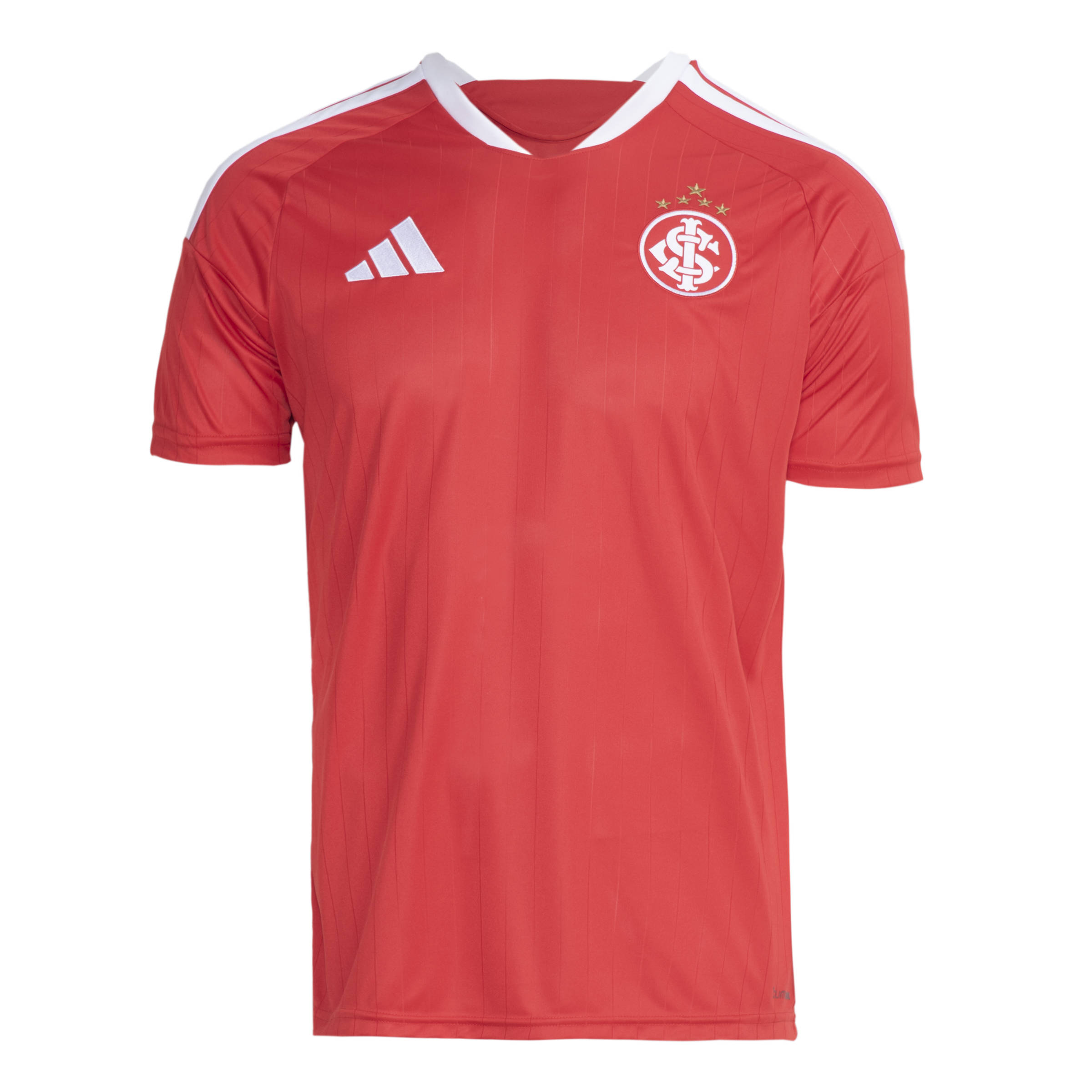Camisa masculina vermelha Adidas com listras verticais e logotipo branco do Internacional no peito